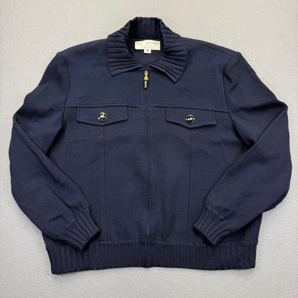 St John Collection Marie Gray Navy Blue Santana Knit Zip Jacket Bomber Mens M